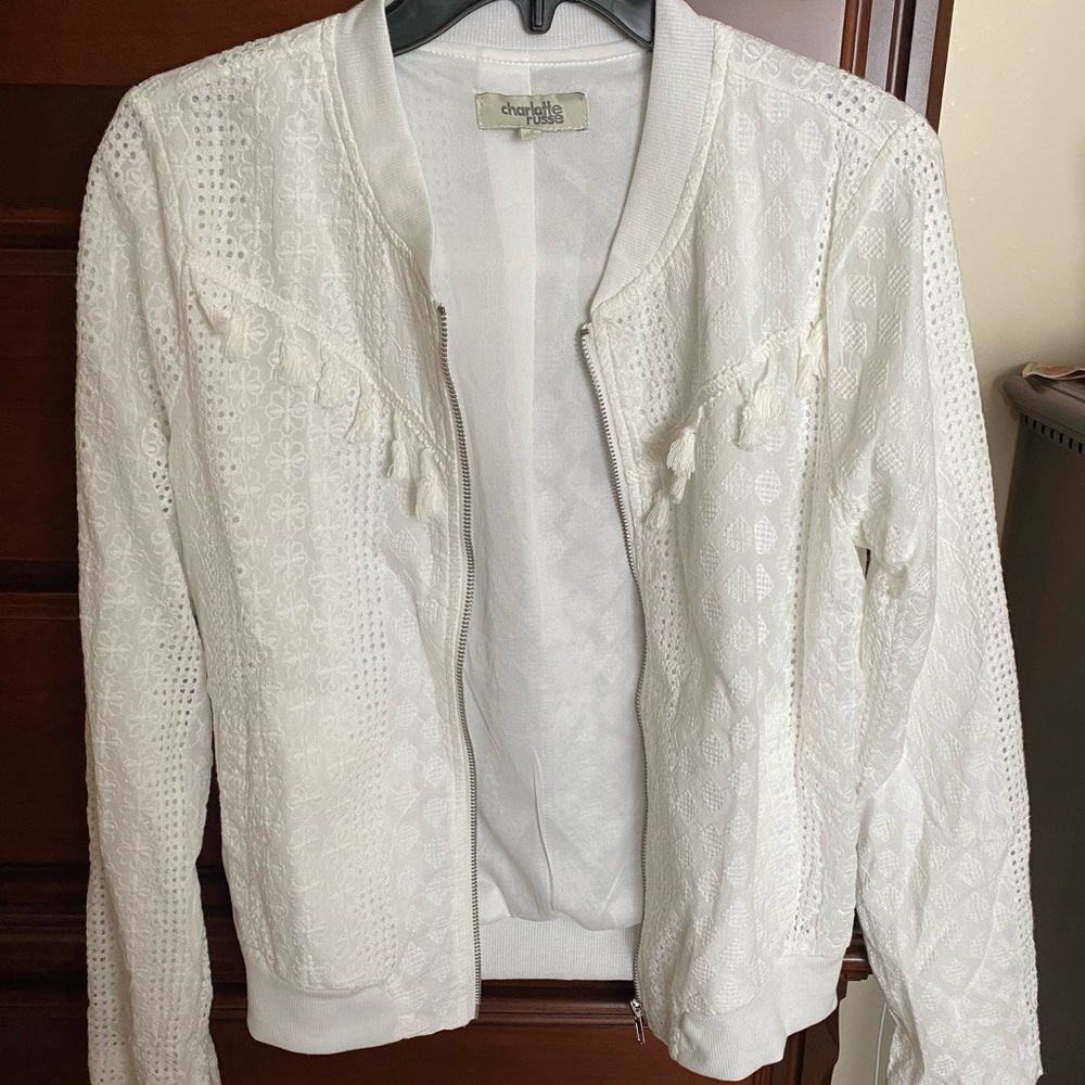White Crochet Bomber